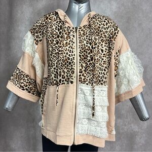 POL Leopard Print Hoodie with Lace and Tan Accents
